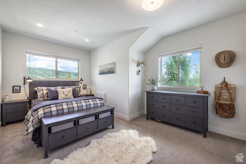 Carpeted bedroom with multiple windows and recessed lighting