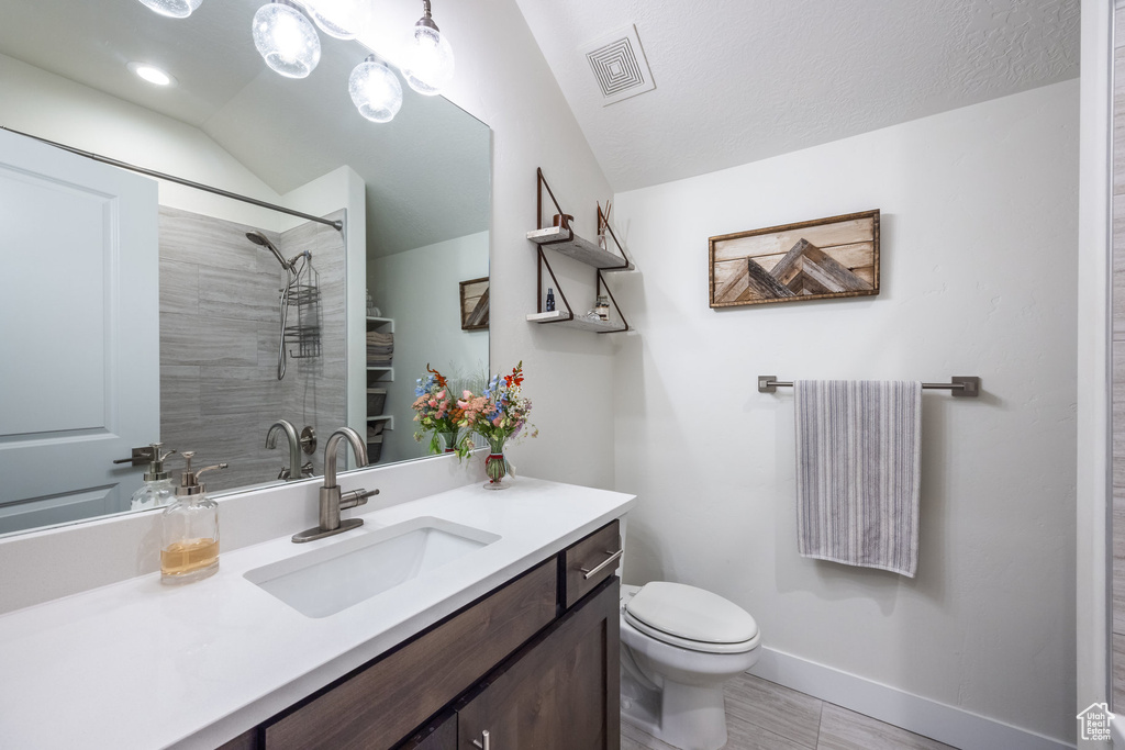 Bathroom featuring vanity, a shower, and vaulted ceiling