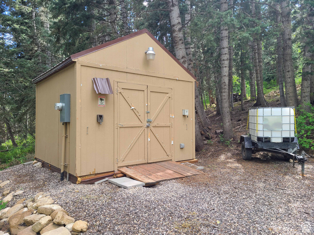 View of shed with view of scattered trees