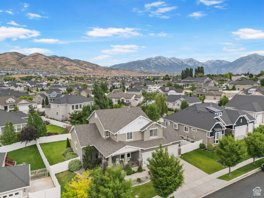 Aerial perspective of suburban area featuring mountains