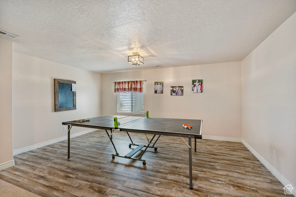 Recreation room with wood finished floors and a textured ceiling