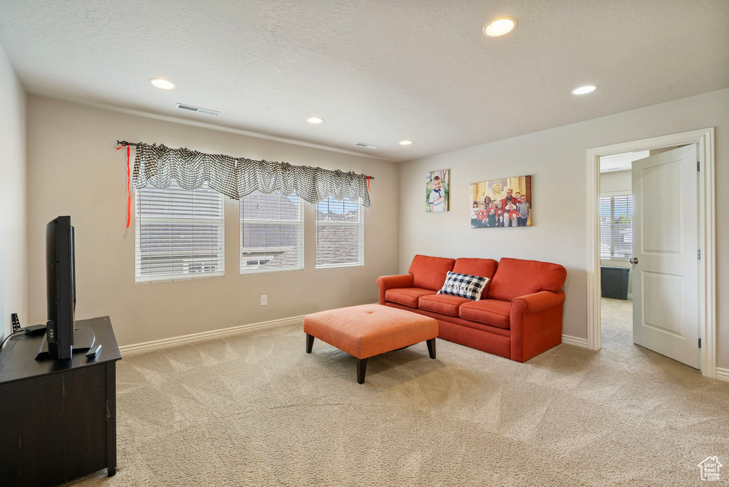 Living room featuring light carpet and recessed lighting