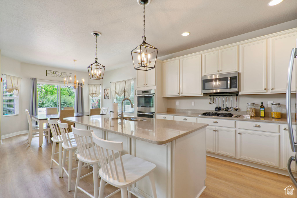 Kitchen featuring stainless steel appliances, a chandelier, an island with sink, recessed lighting, and light wood finished floors