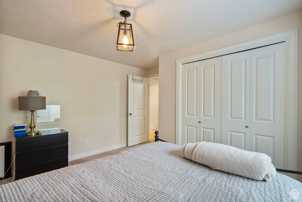 Carpeted bedroom featuring a closet and a textured ceiling