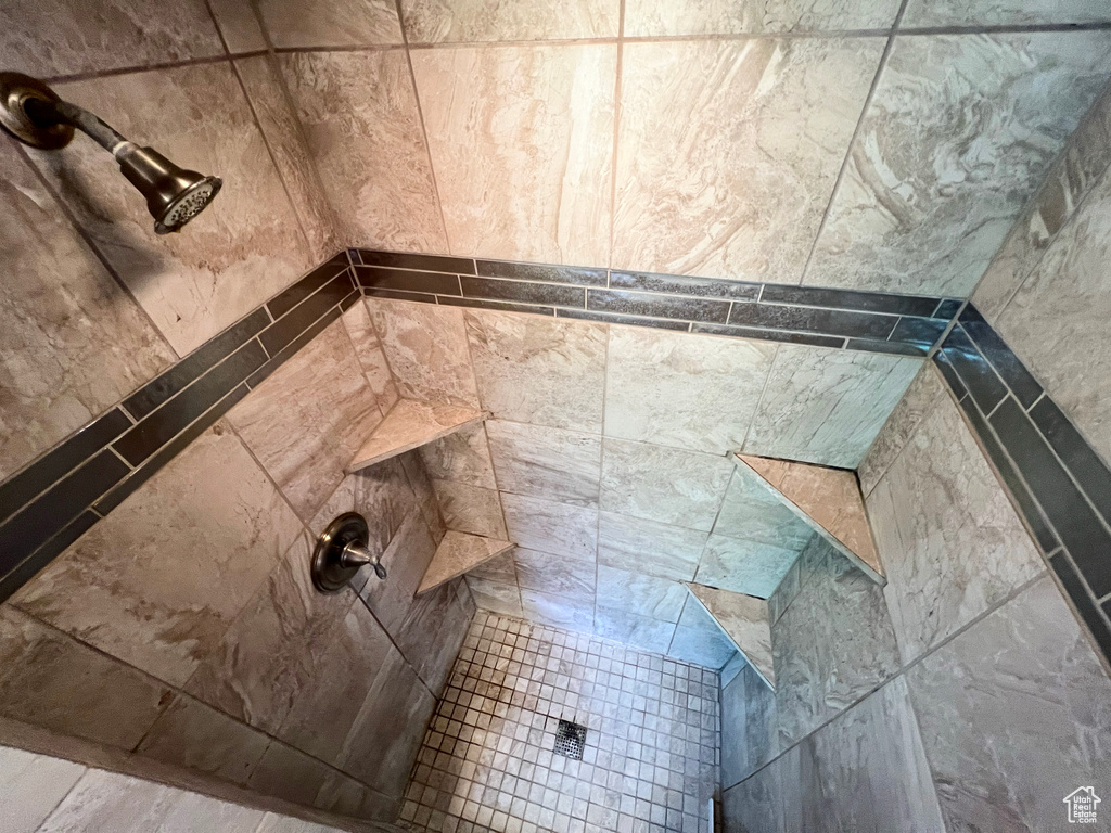Bathroom view of a tile shower