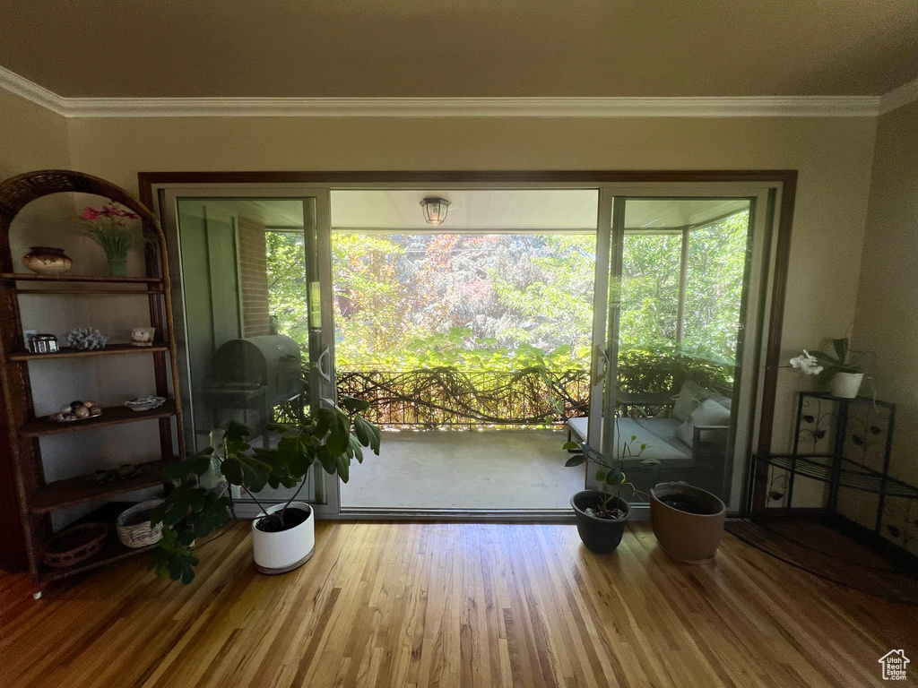 Entryway featuring crown molding and wood finished floors