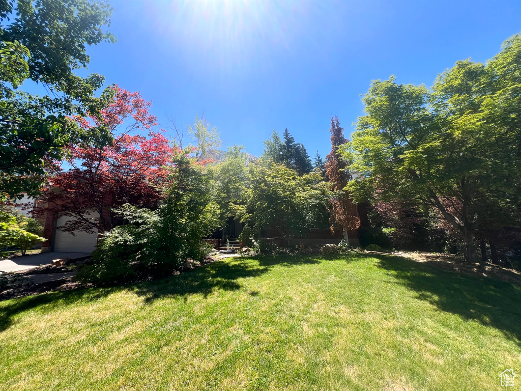 View of green lawn featuring a garage