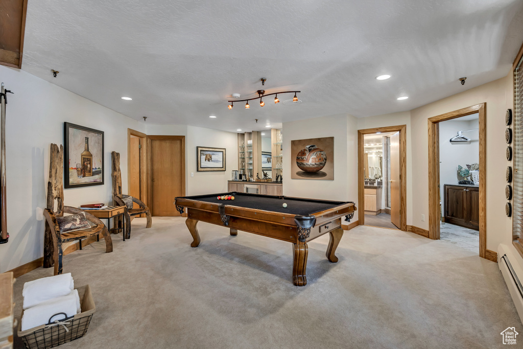 Rec room with pool table, light carpet, and recessed lighting