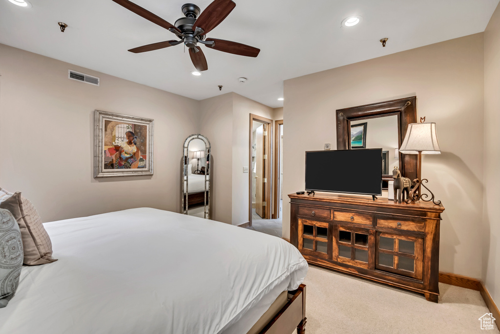Bedroom with recessed lighting, carpet flooring, and a ceiling fan