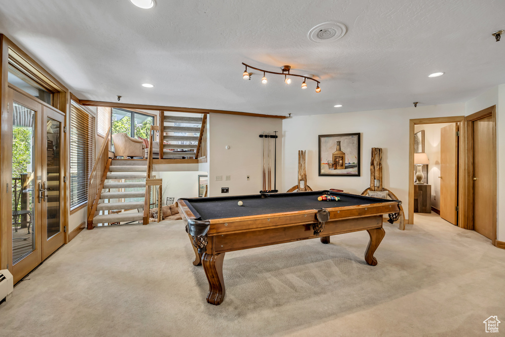 Playroom with carpet flooring, billiards table, recessed lighting, and a baseboard heating unit