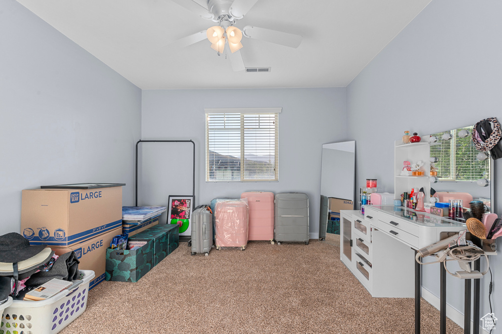 Rec room with carpet and ceiling fan