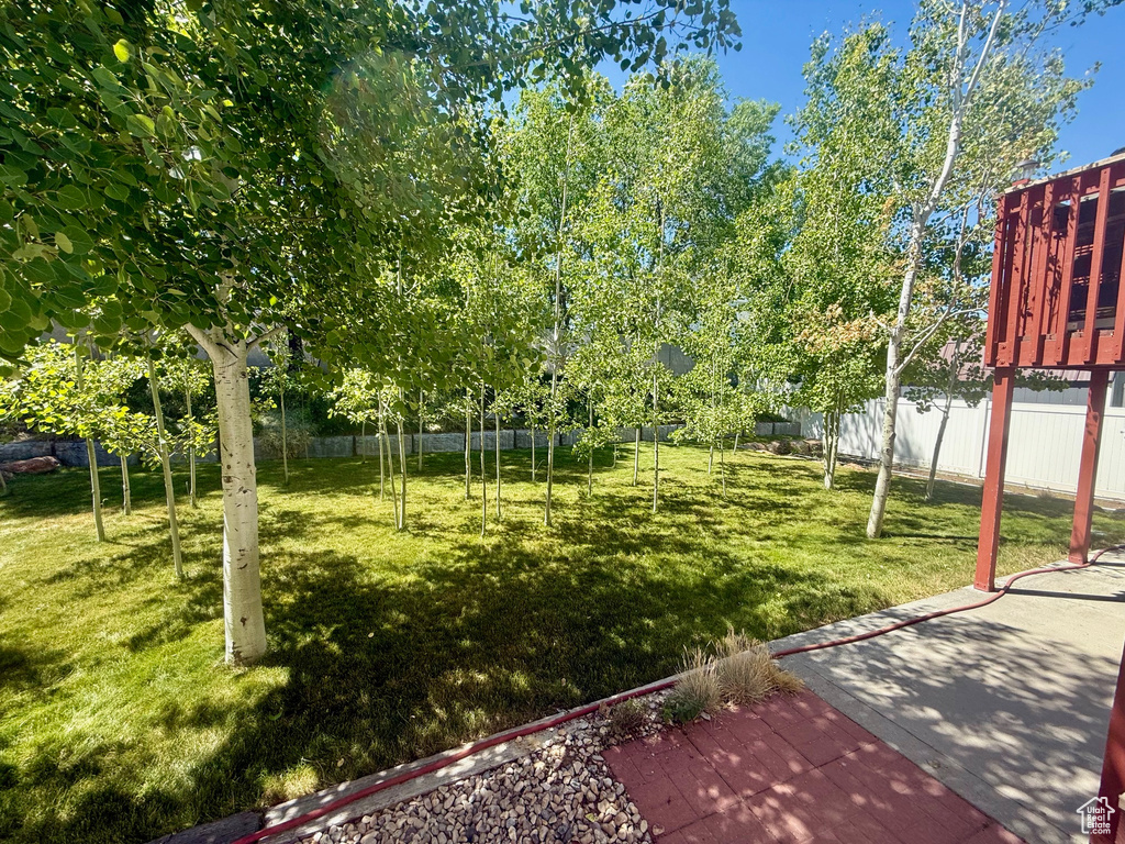 Fenced backyard featuring a patio