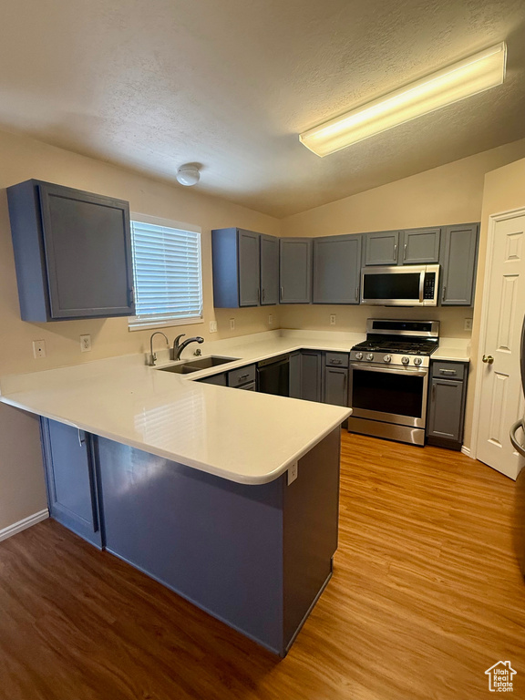 Kitchen featuring stainless steel appliances, a peninsula, wood finished floors, light countertops, and gray cabinets