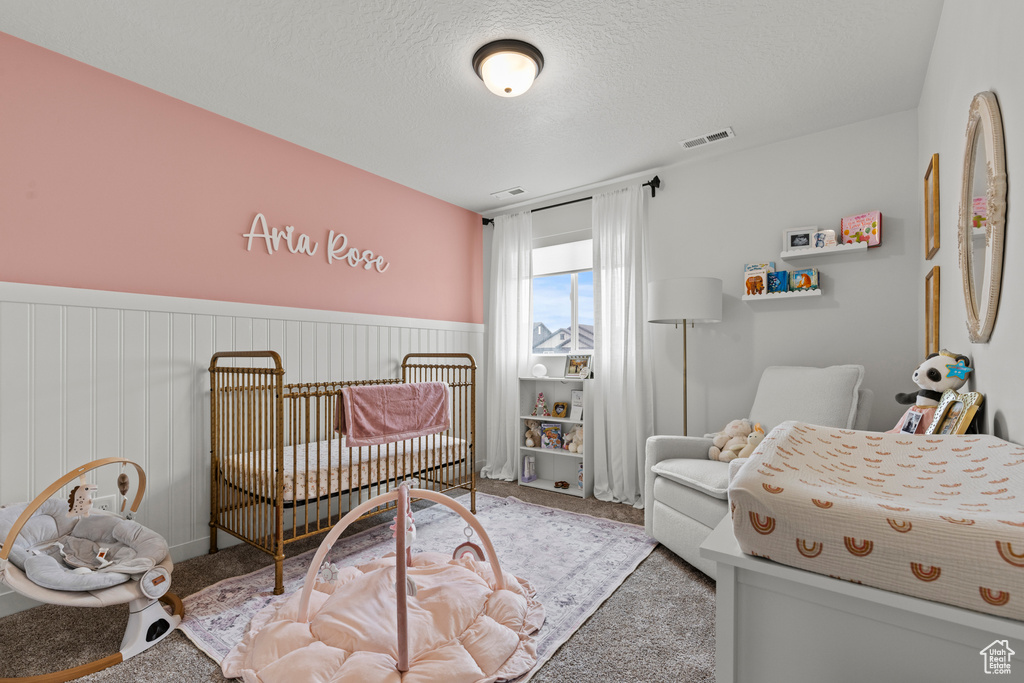 Carpeted bedroom featuring wainscoting, a textured ceiling, and a crib