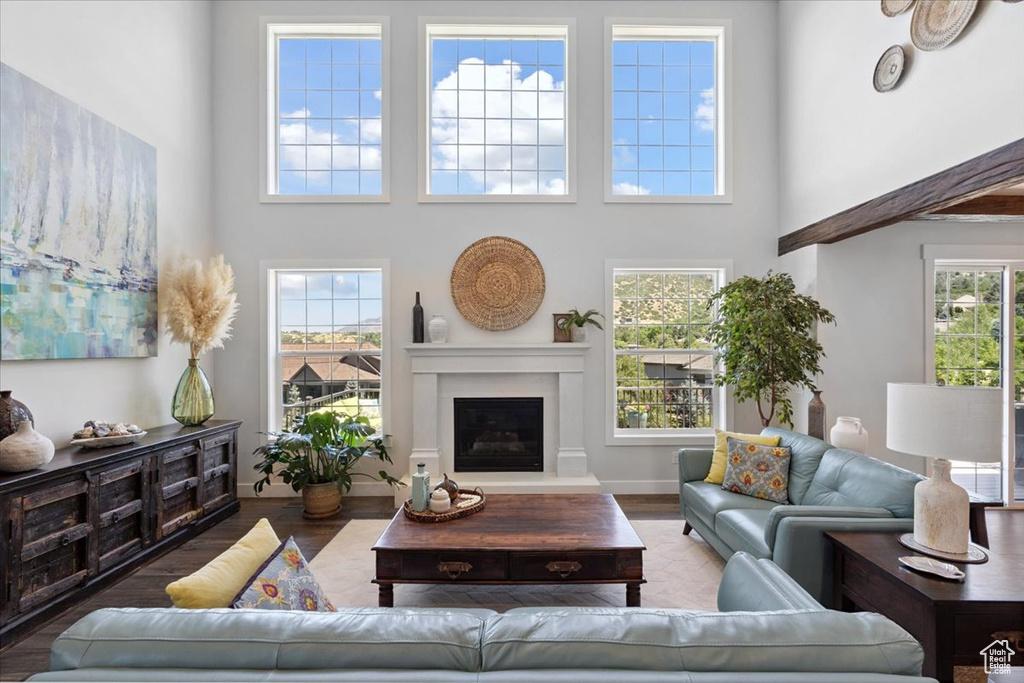 Living room featuring a high ceiling, wood finished floors, and a glass covered fireplace