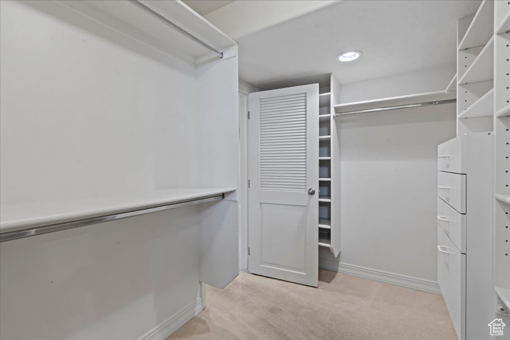 Spacious closet with light carpet