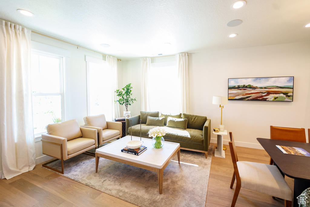 Living area featuring light wood-style floors and recessed lighting