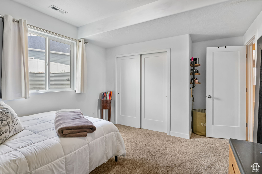 Carpeted bedroom with multiple windows and a closet