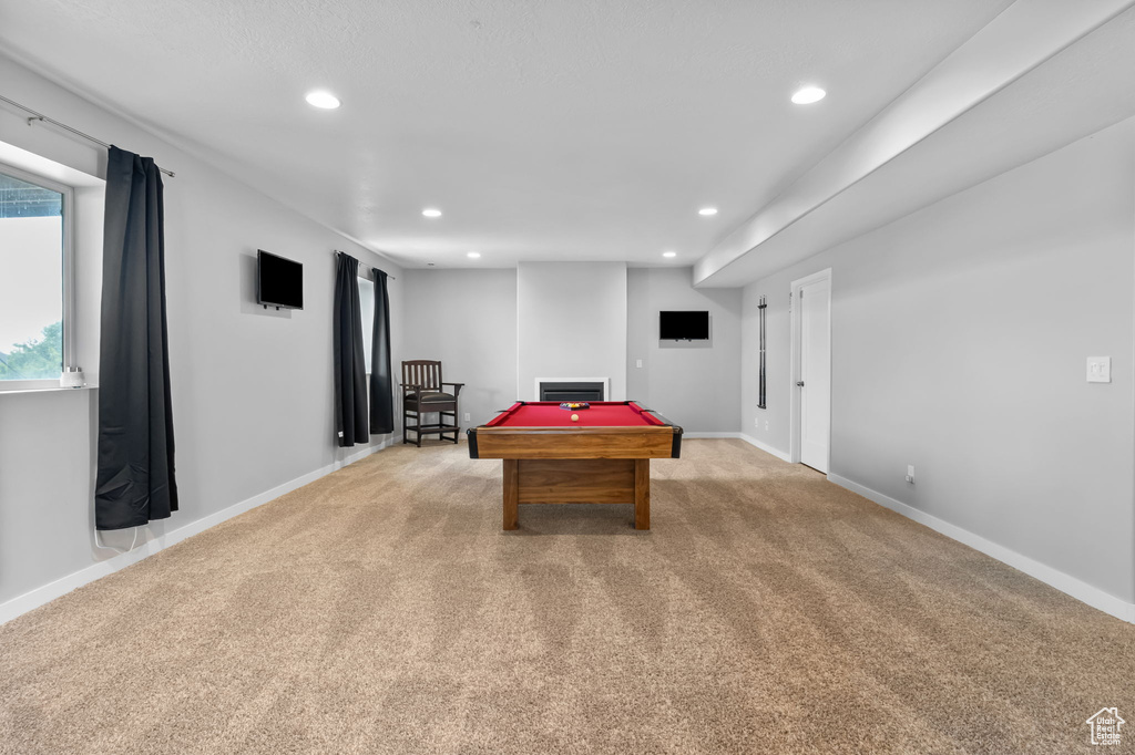 Playroom with recessed lighting, light colored carpet, and billiards table