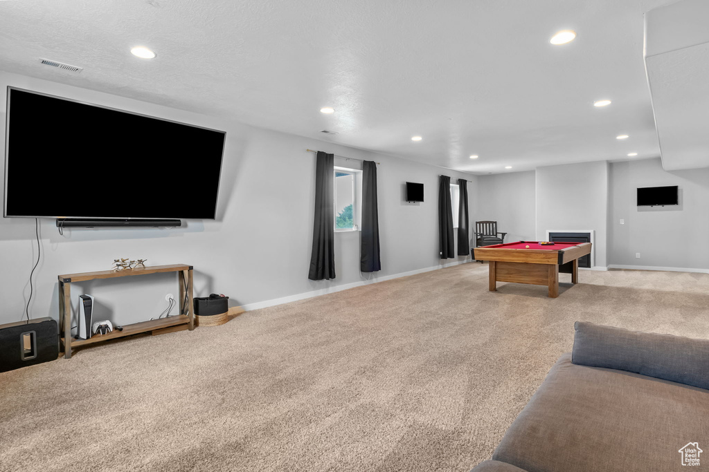 Playroom featuring carpet, pool table, and recessed lighting