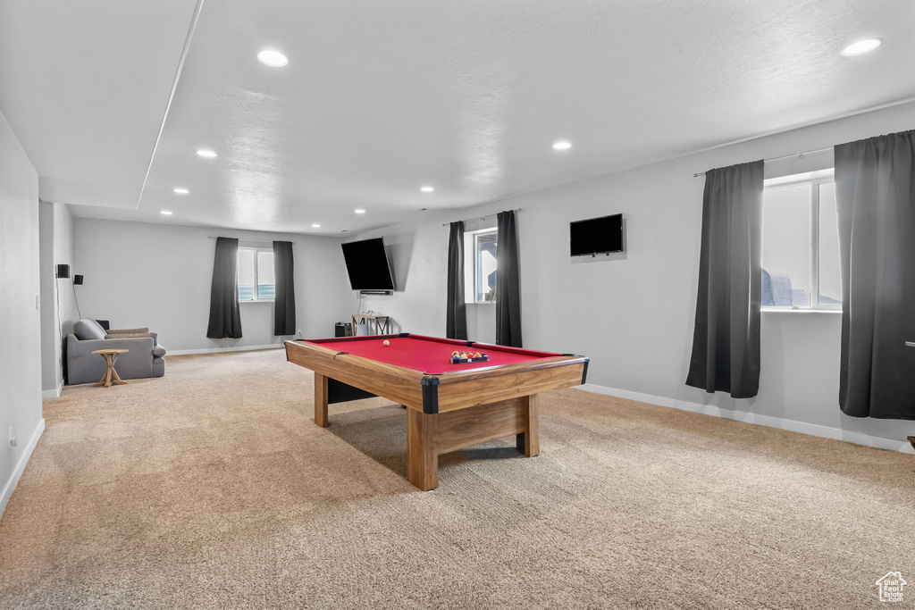 Rec room featuring carpet flooring, recessed lighting, and pool table