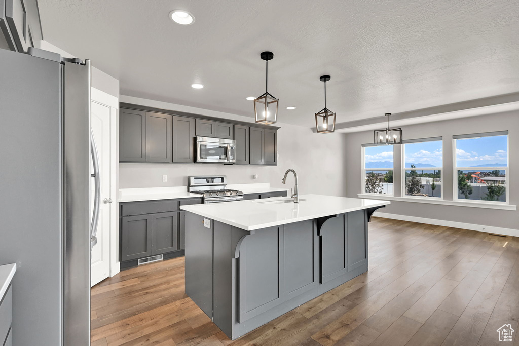 Kitchen featuring appliances with stainless steel finishes, recessed lighting, light countertops, an island with sink, and light wood-style floors