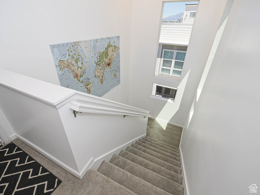 Stairway featuring carpet flooring and baseboards