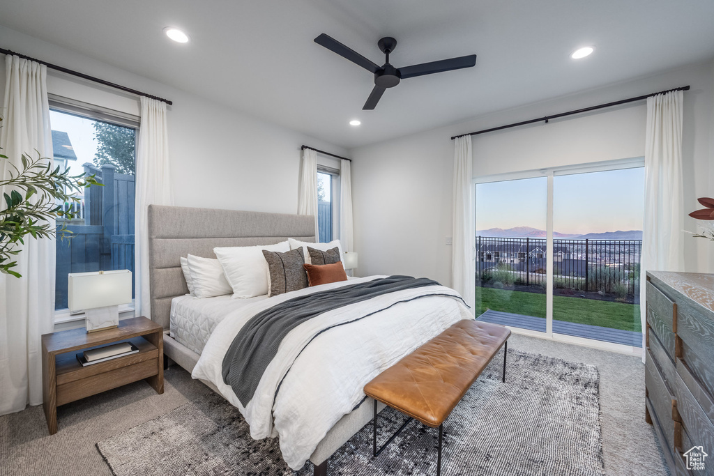 Bedroom with access to outside, carpet floors, recessed lighting, and ceiling fan