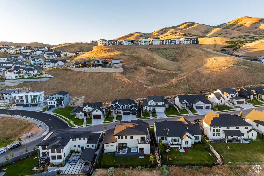 Aerial perspective of suburban area featuring mountains