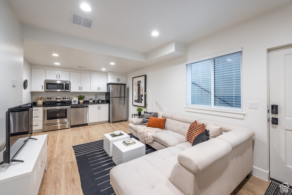 Living area featuring recessed lighting and light wood-style flooring