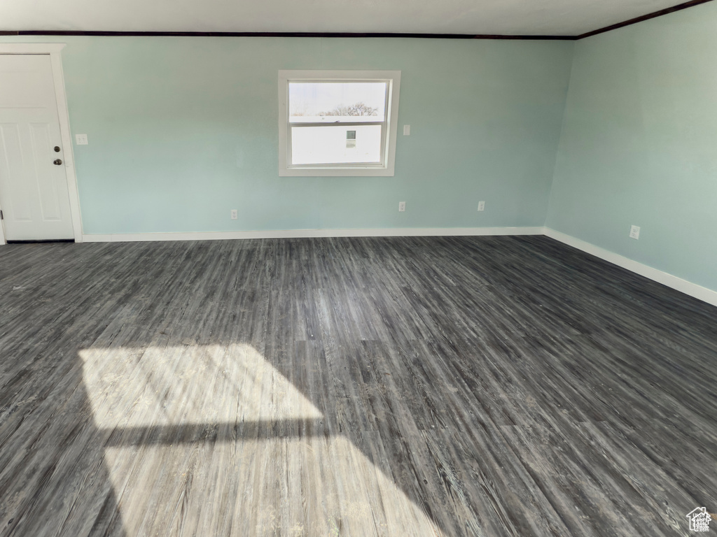 Spare room with dark wood-style floors and crown molding