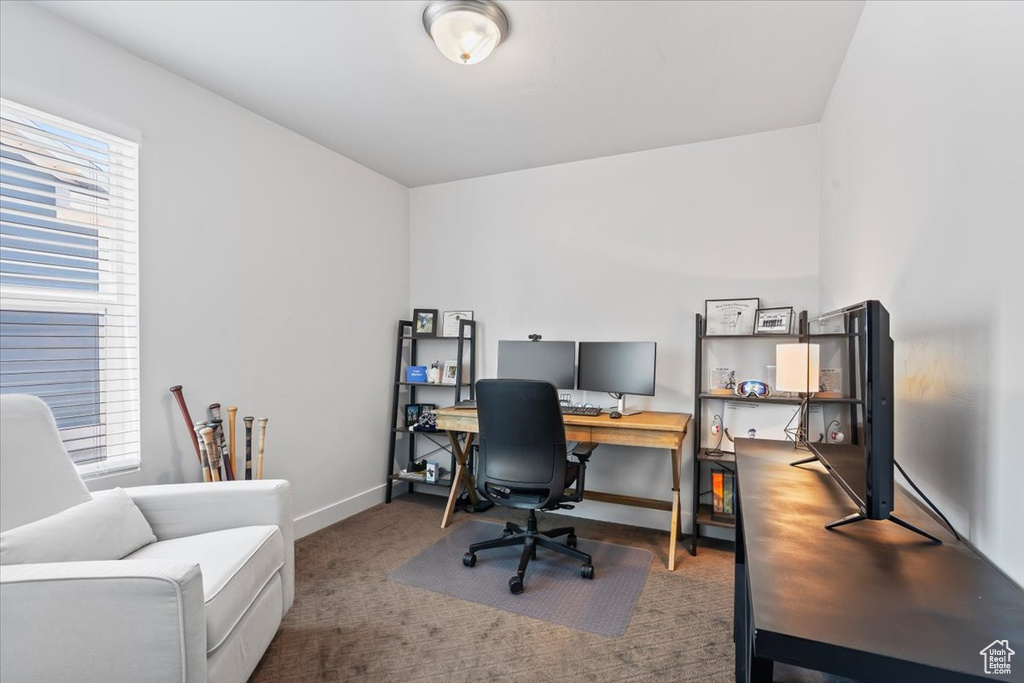 Home office with baseboards and carpet floors