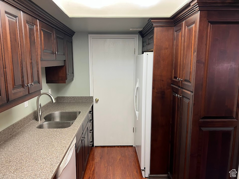 Kitchen featuring white appliances, dark wood-style flooring, and light countertops