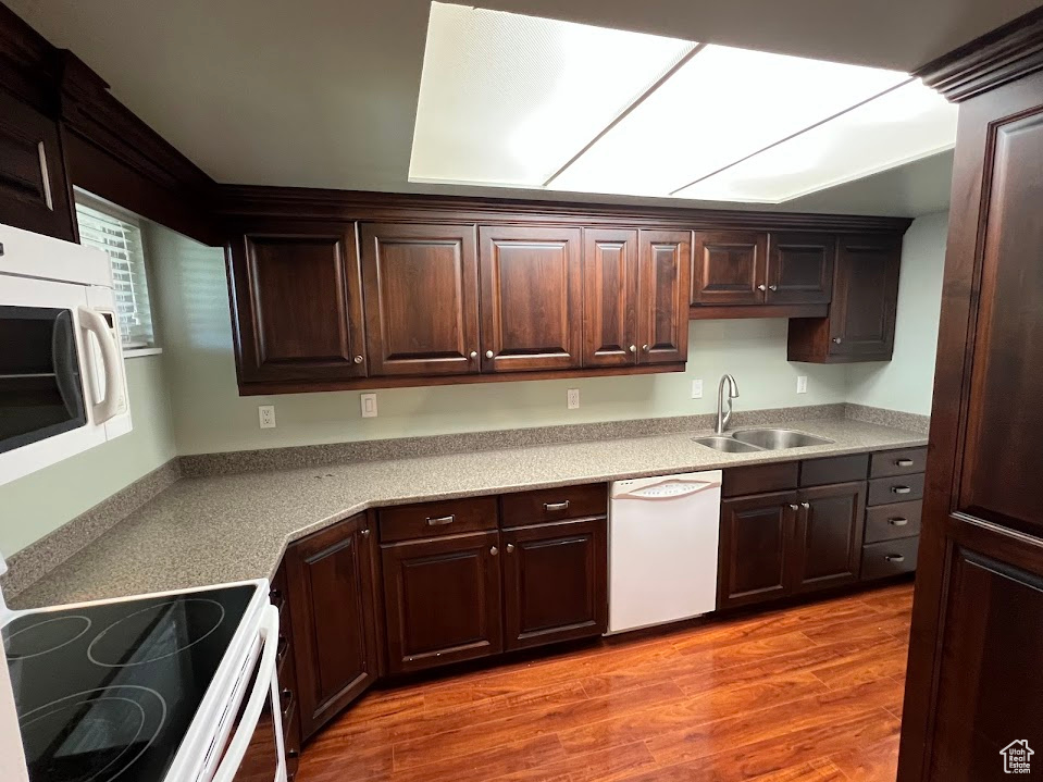 Kitchen with white appliances, dark brown cabinets, and light wood finished floors