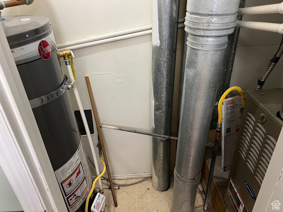 Utility room featuring secured water heater