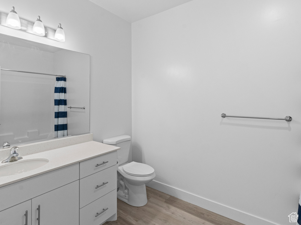 Full bathroom featuring vanity, wood finished floors, and a shower with shower curtain