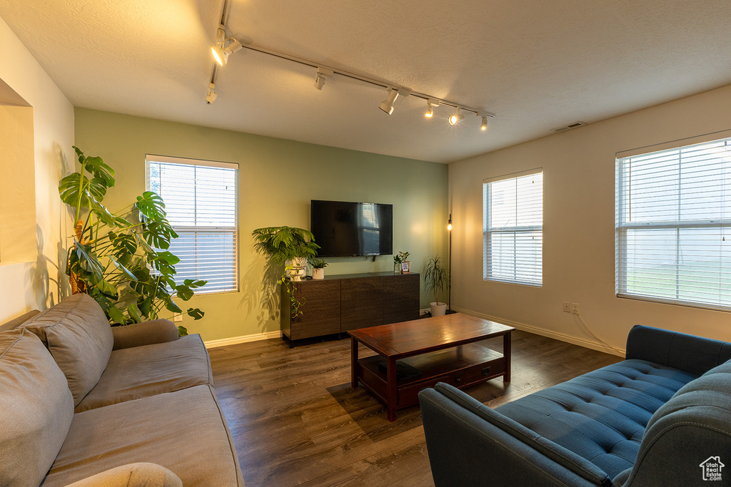 Living room with track lighting, dark wood finished floors, and plenty of natural light