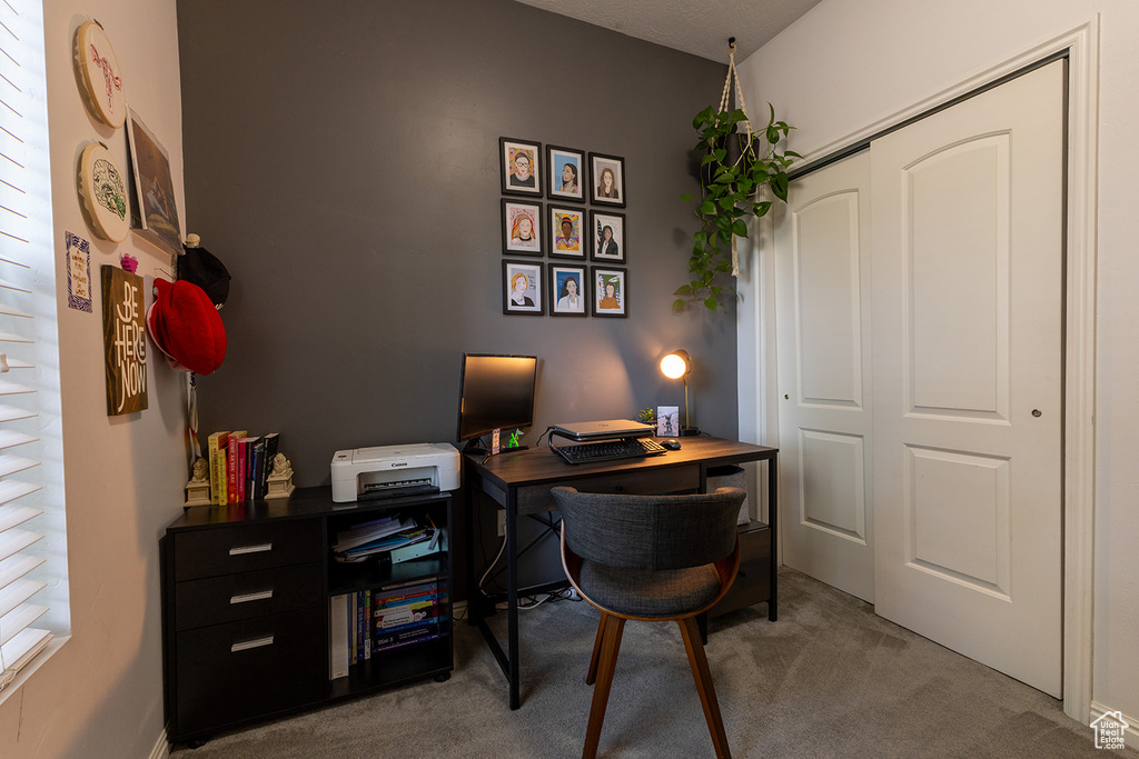 View of carpeted home office