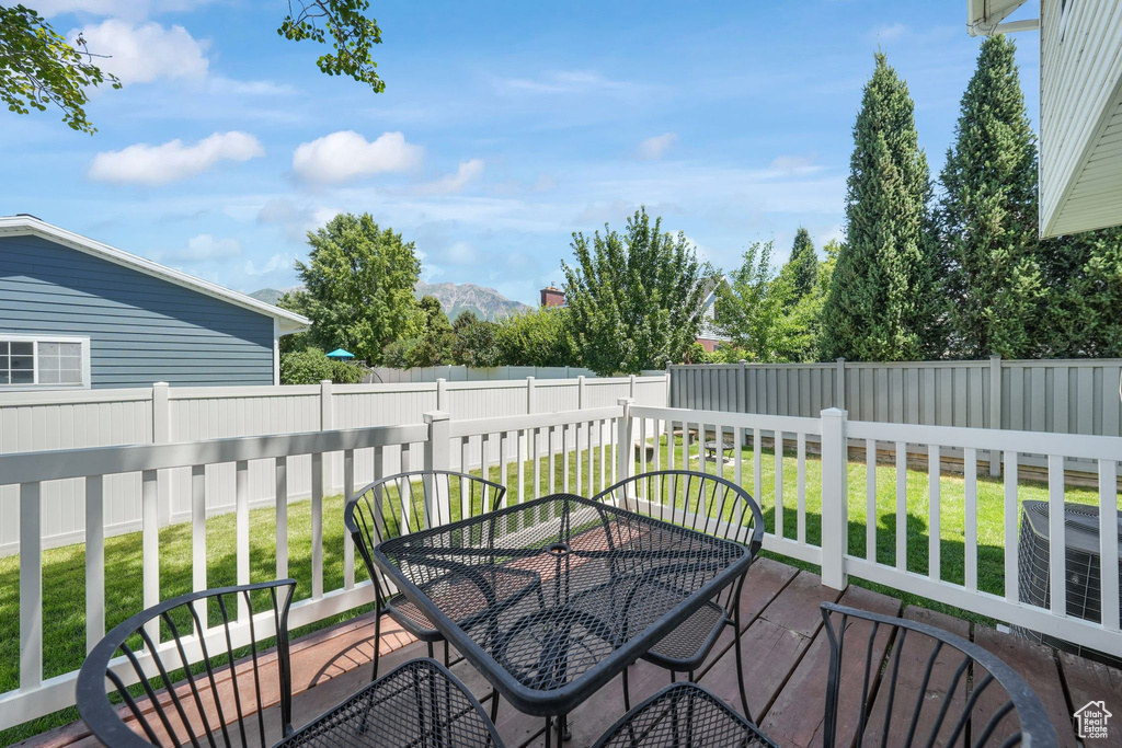 Wooden deck with outdoor dining space and a fenced backyard