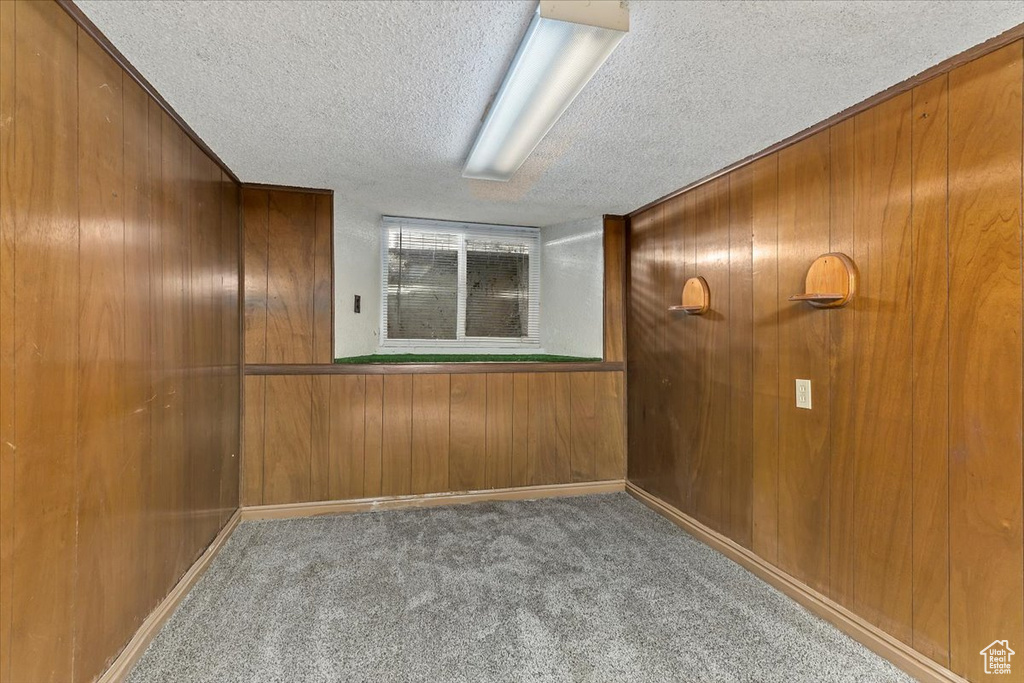 Spare room featuring a textured ceiling, wood walls, and carpet