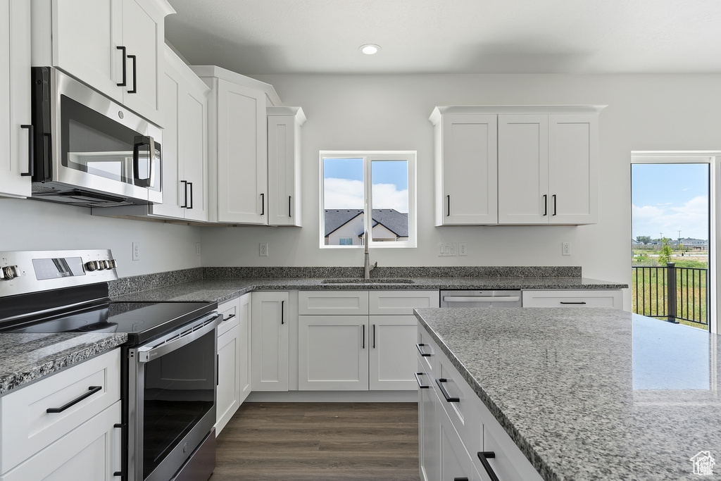 Kitchen with appliances with stainless steel finishes, plenty of natural light, white cabinets, and recessed lighting