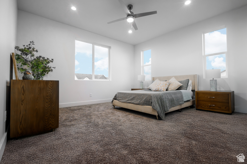 Bedroom with carpet flooring, recessed lighting, and ceiling fan