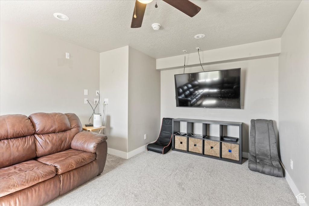 Living area featuring a ceiling fan, carpet floors, and a textured ceiling