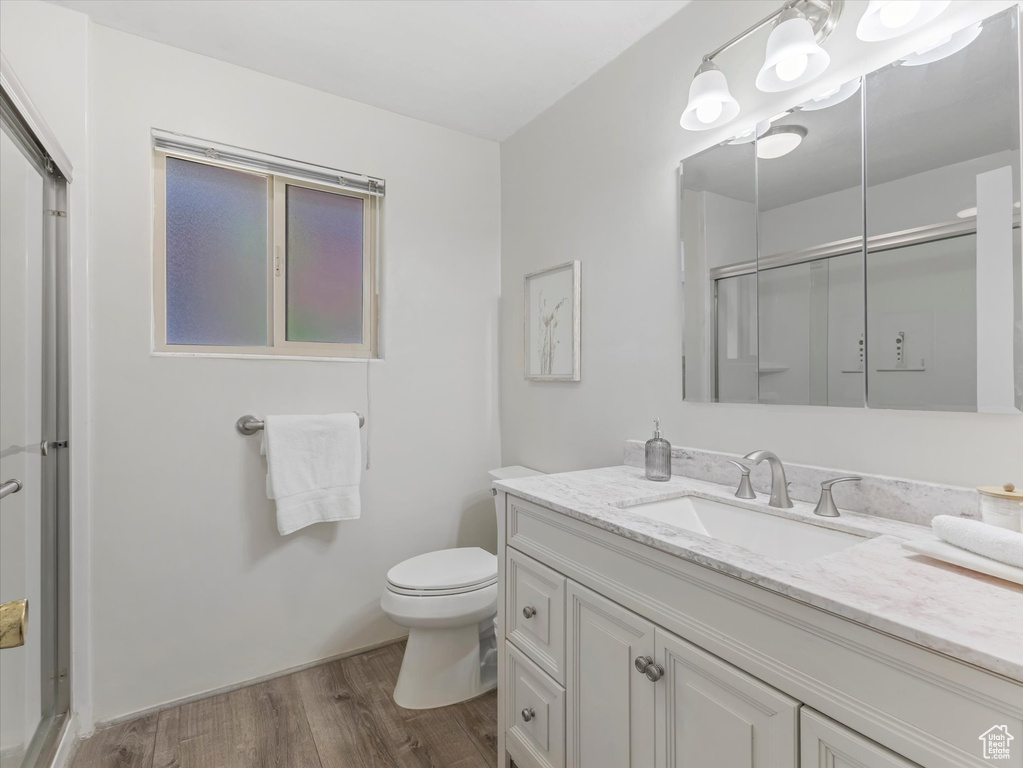 Bathroom featuring vanity, wood finished floors, and a shower with door
