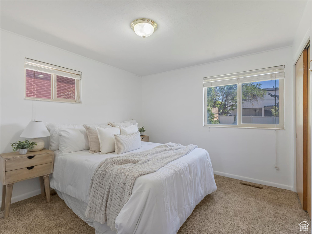 Carpeted bedroom featuring baseboards and a closet