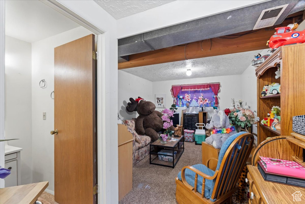 Living area with carpet and a textured ceiling