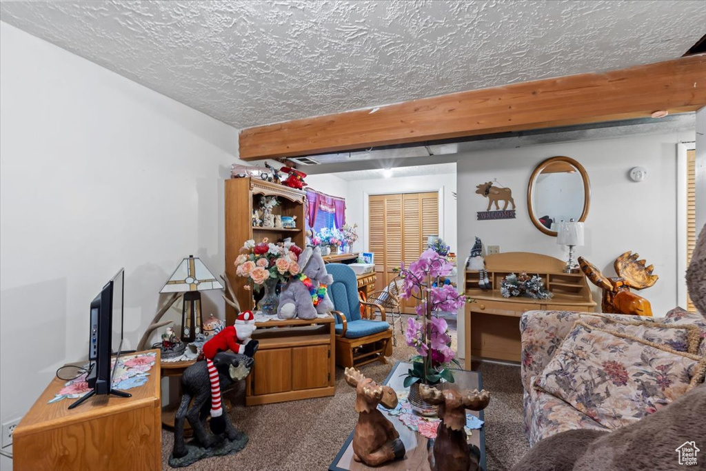 Carpeted living room featuring beamed ceiling and a textured ceiling