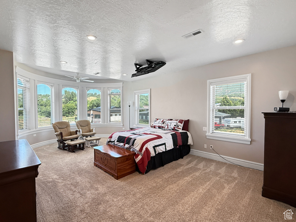 Carpeted bedroom featuring a textured ceiling and recessed lighting
