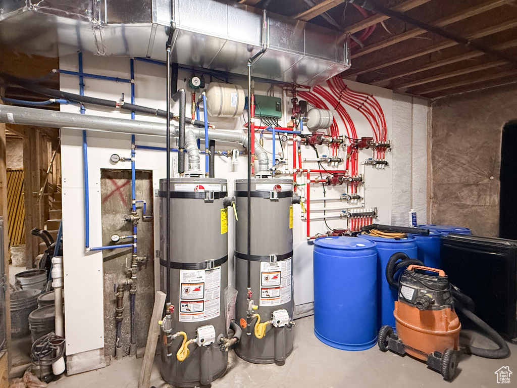 Utility room featuring strapped water heater
