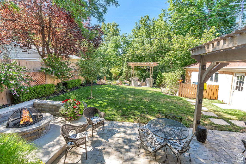 Fenced backyard with an outdoor fire pit, a pergola, and a patio